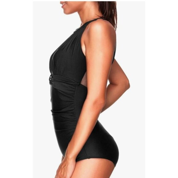 Womens Elegant Halter-Style Black Mesh One-Piece Swimsuit Size L Beach Vacation - Picture 2 of 10